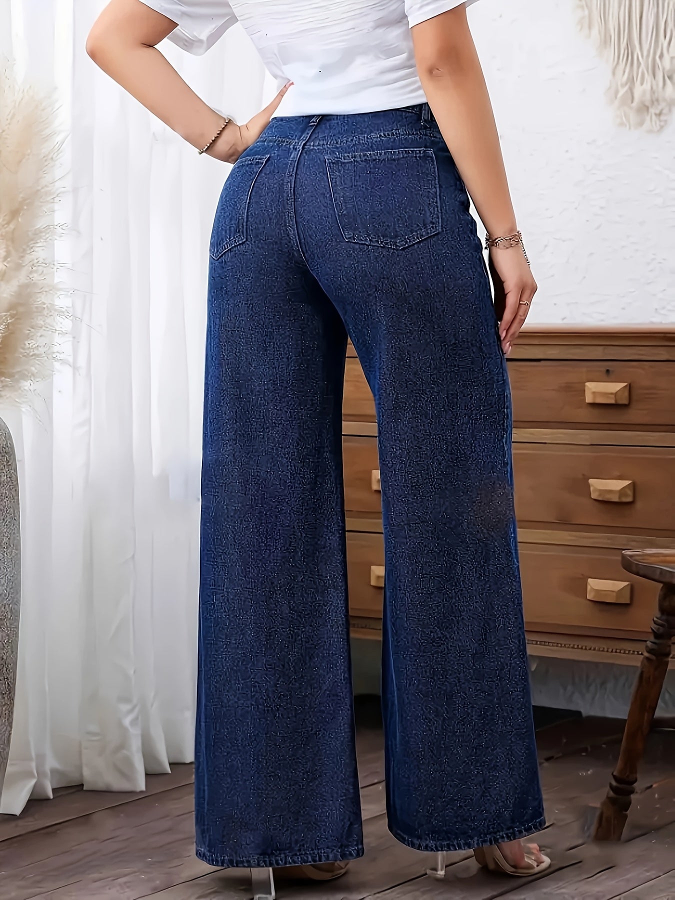 Ayollar uchun plussiz denim jinsi shimlar, to'g'ri oyoq, bir xil rang, o'rtacha cho'zilish, yuvilgan mato va barcha mavsumlar uchun mos keng oyoq dizayni.
