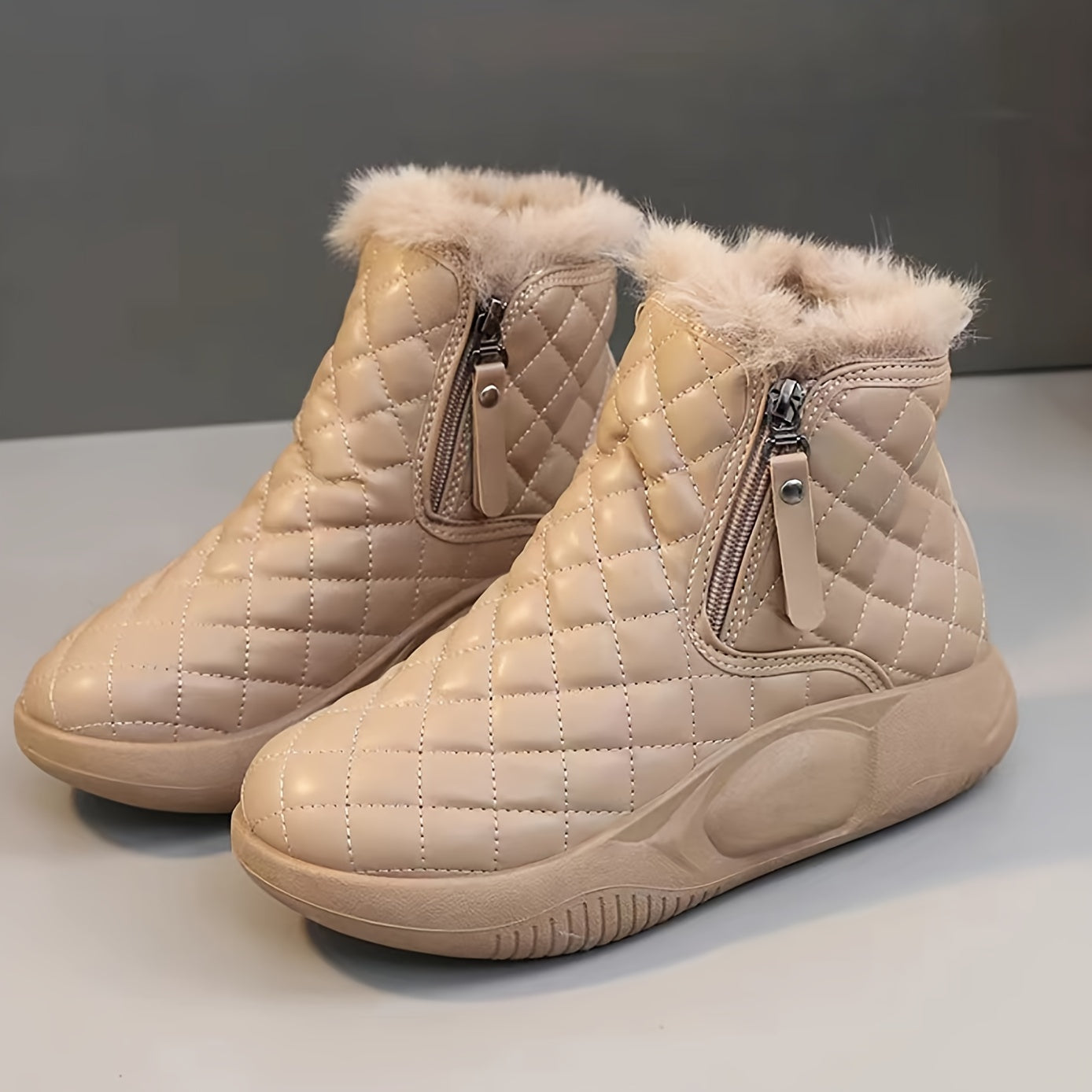 Women's Quilted Fleece-Lined Snow Boots with Zippers, Anti-Slip Sole Beige/Navy