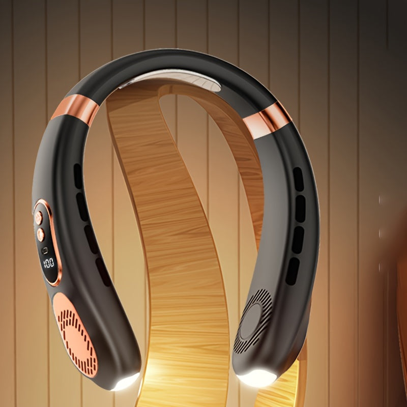 Neck-Mounted USB Fan with LED Lights, Bladeless Design, 5-Speed Cooling