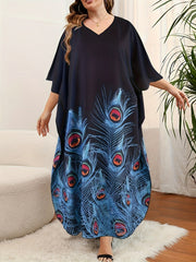 Plus Size Women's Kaftan Dress with V-Neck Short Batwing Sleeves Long Length Slit Polyester Elastane