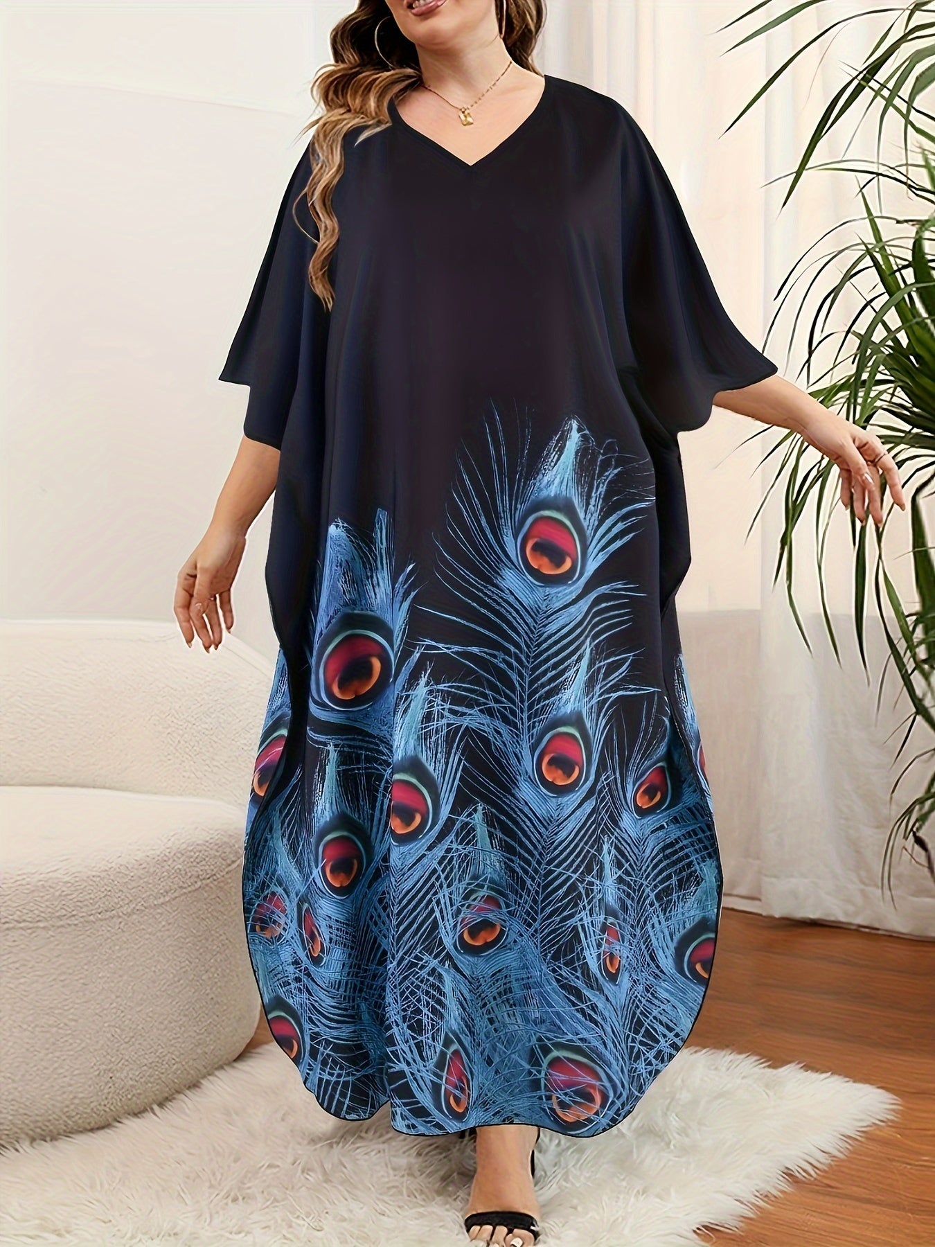 Plus Size Women's Kaftan Dress with V-Neck Short Batwing Sleeves Long Length Slit Polyester Elastane