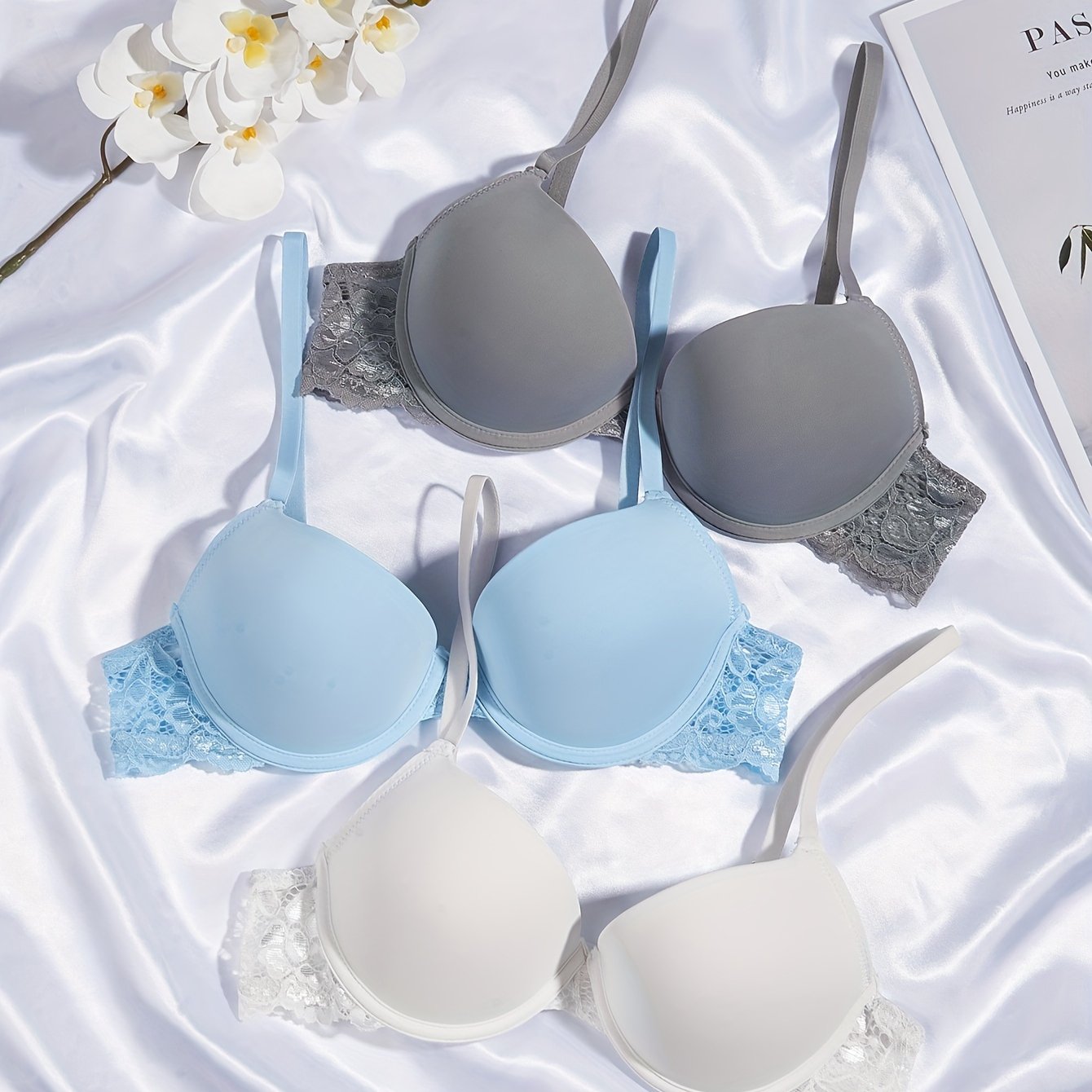3 Контрастные кружевные бюстгальтеры с T-образным вырезом: Комфортное пуш-ап белье для женщин