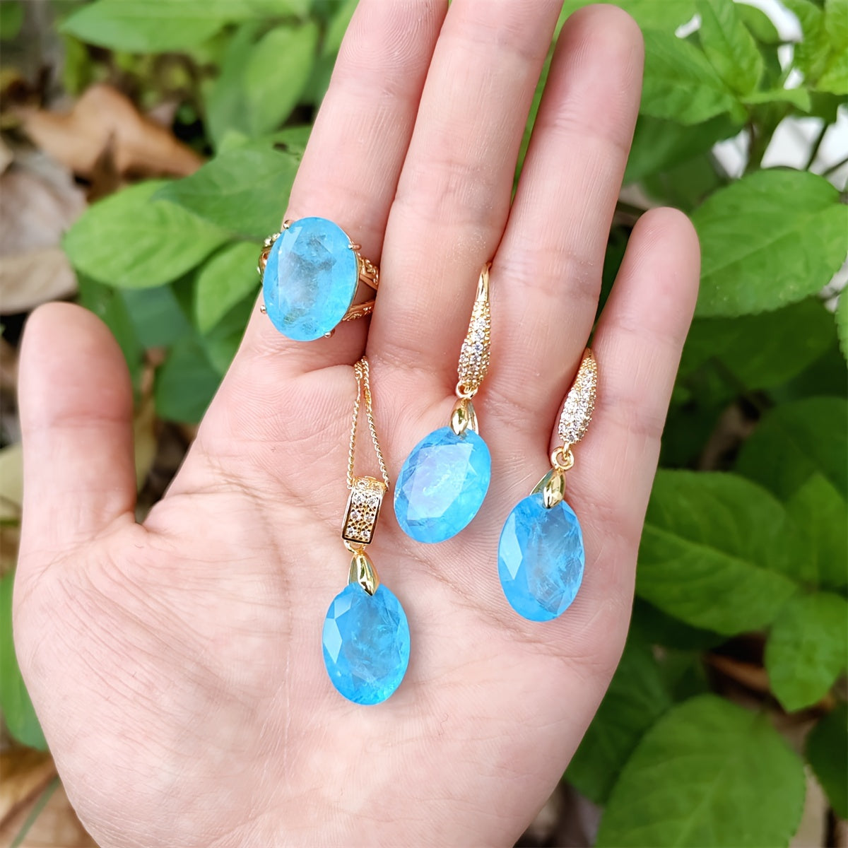 Oval Palaiba Crystal Jewelry Set for Women Ring and Earrings Gift-Ready