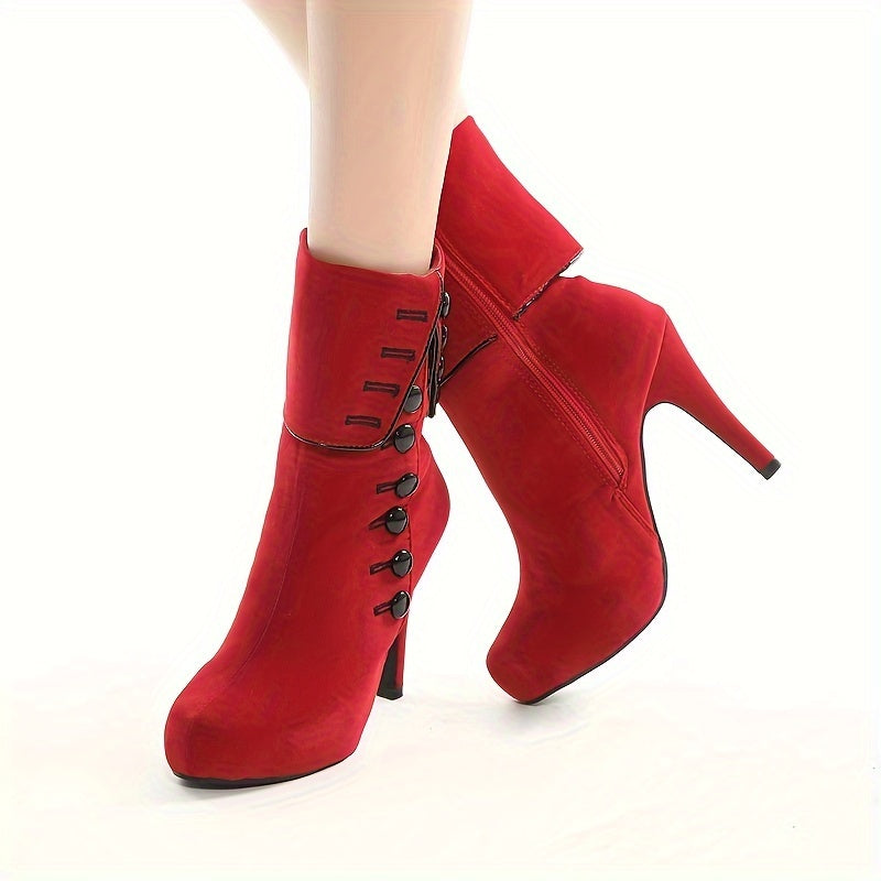 Women's Red High Heel Short Boots With Platform and Thin Sole