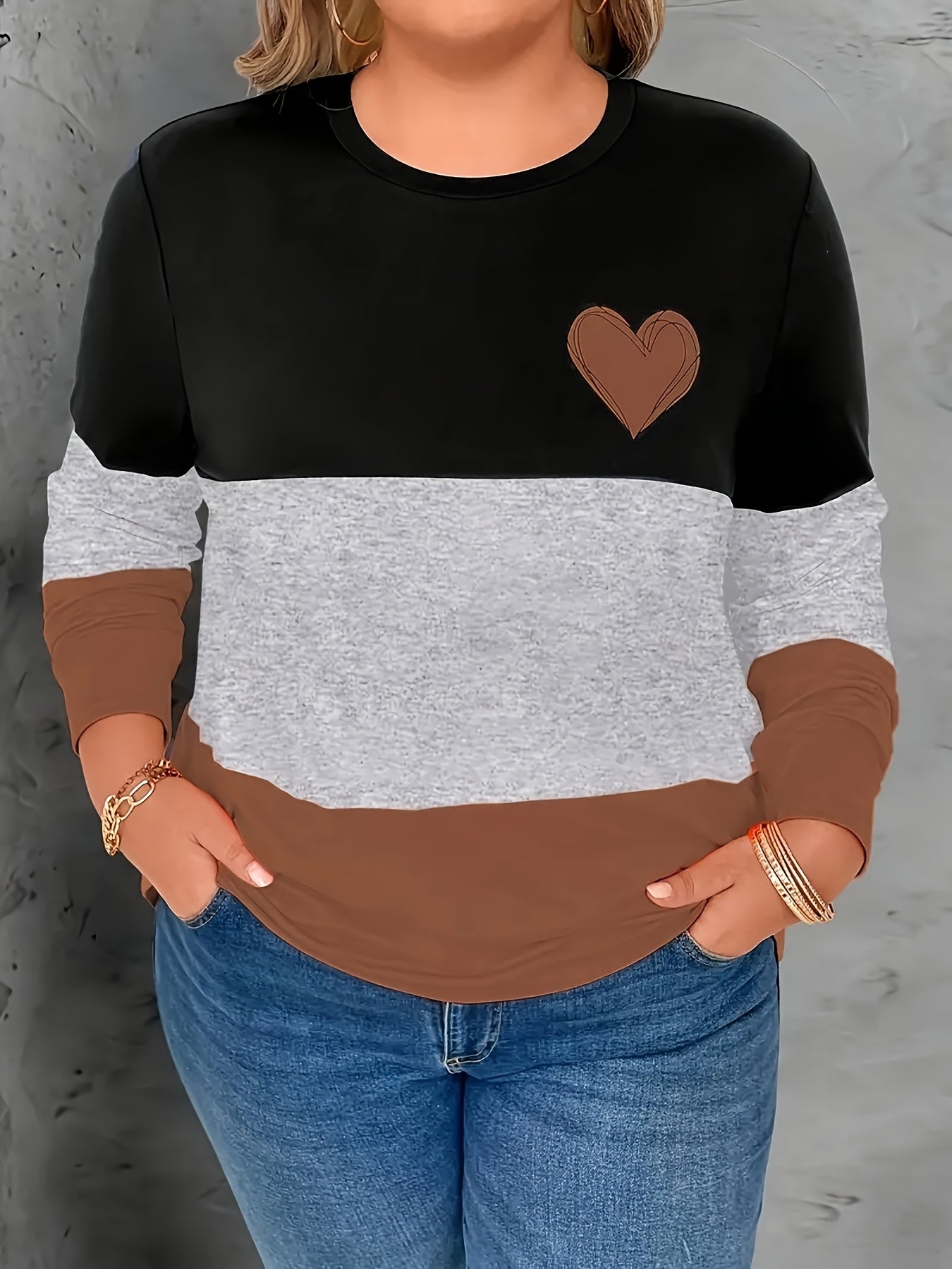 Plus Size Women's Color-Block Long Sleeve Top Polyester Blend Round Neck Casual Wear