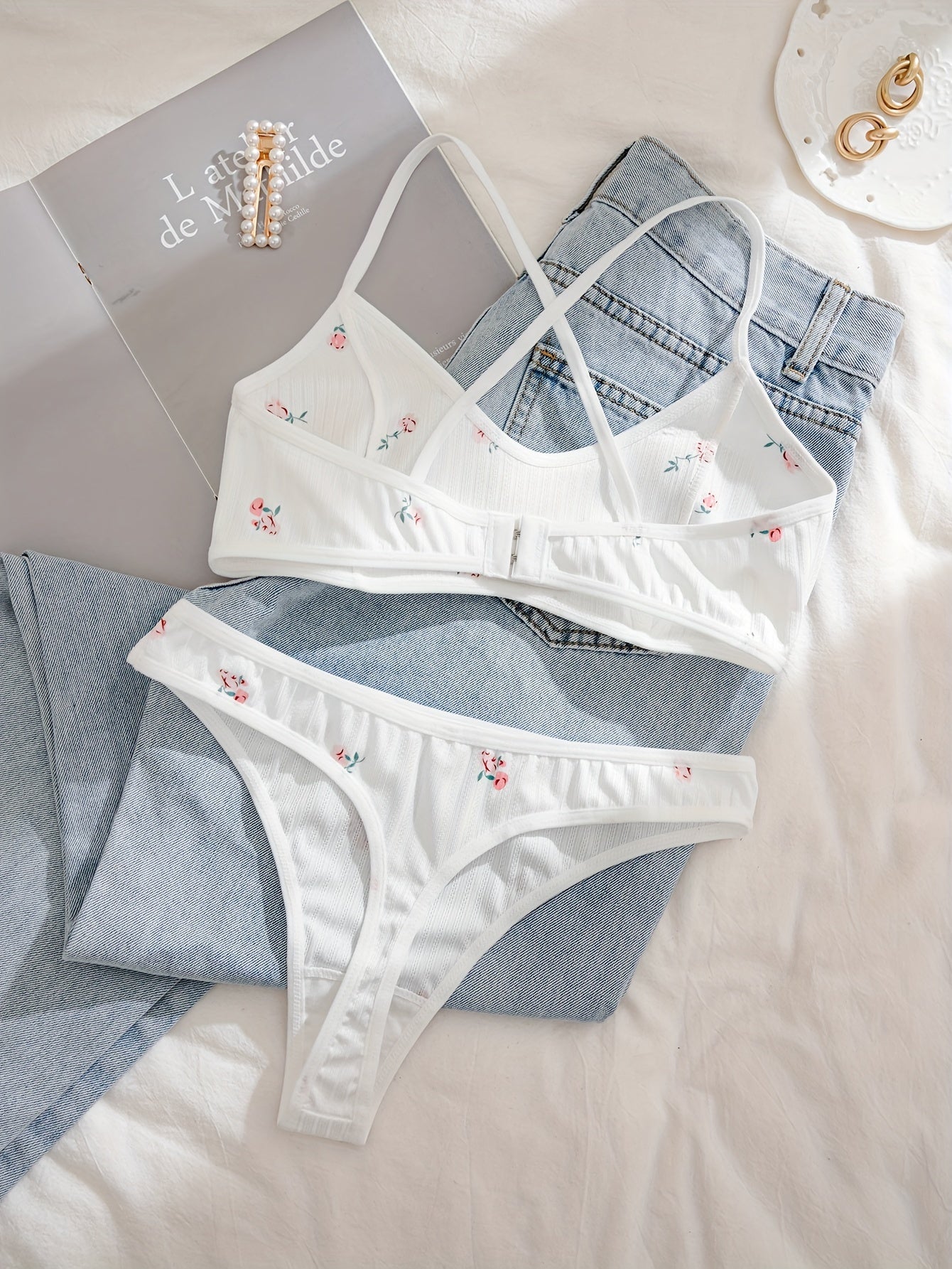 White Floral Print Lingerie Set with Embroidery and Cross-Back Design