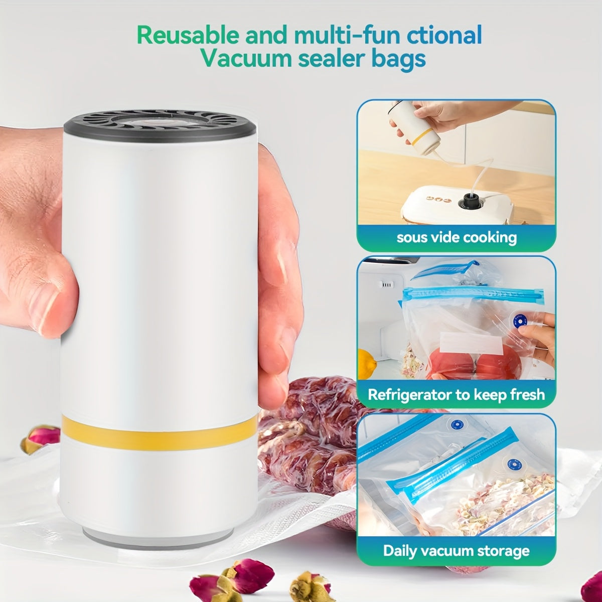 HOTU Mini Elektr vakuum yopishtiruvchi USB zaryadlash bilan, qayta to'ldiriladigan litiy batareya, 3 o'lchamdagi 10 ta oziq-ovqat saqlash sumkasi va portativ pompasi bilan Sous Vide, uy va sayohat uchun mo'ljallangan