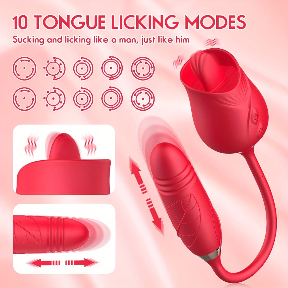 Women Rose Vibrator 3-in-1 Clitoral Tongue Thrust G-Spot Massager