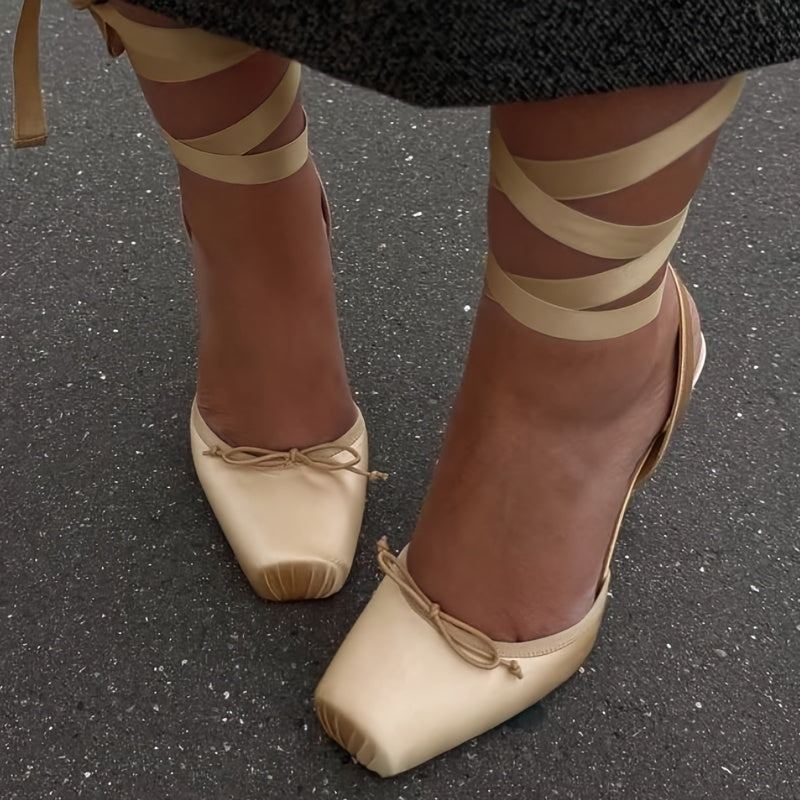Women's Satin Bow Ankle Strap High Heels for Party Formal Events Apricot