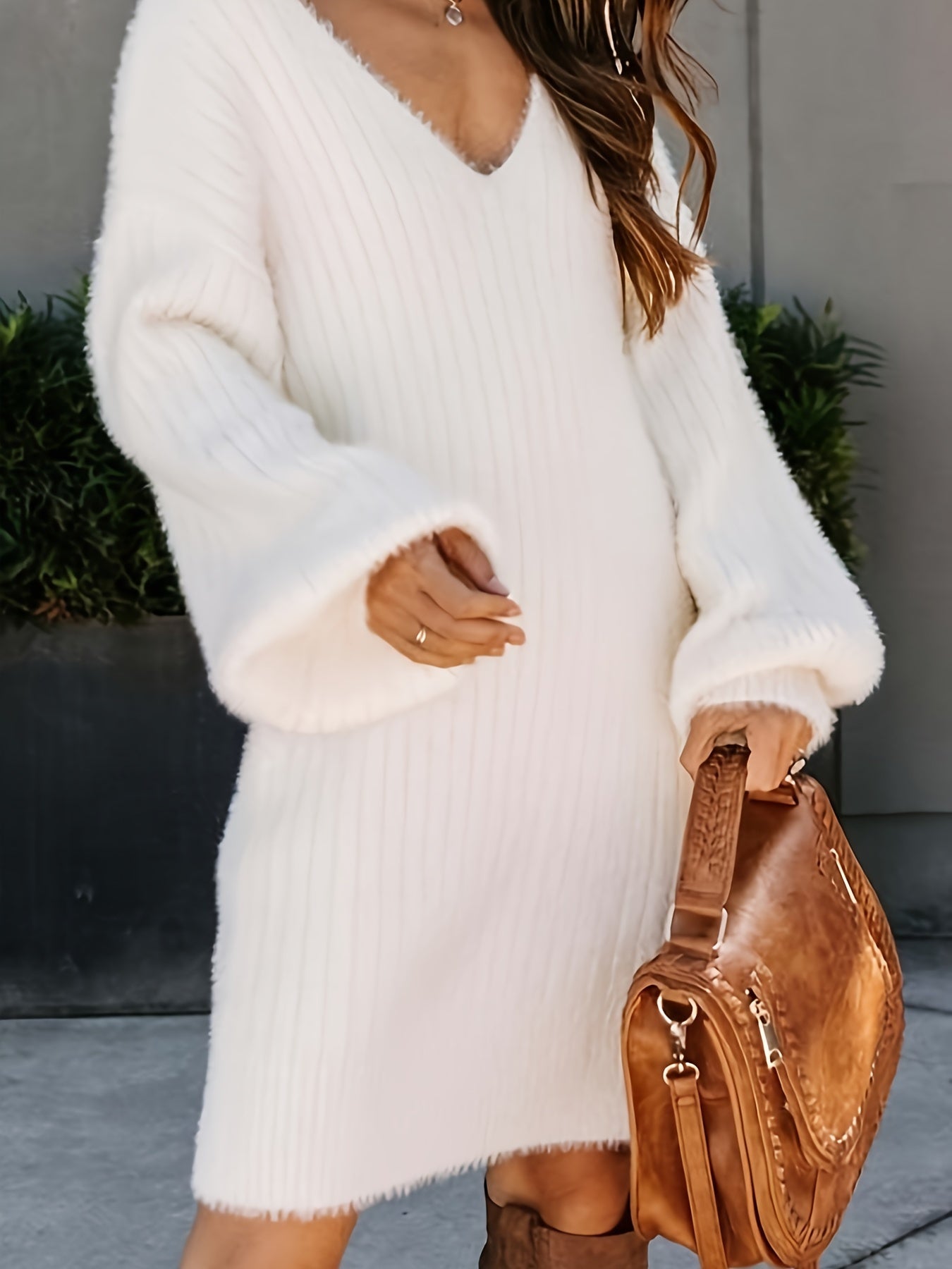 Women's V-Neck Sweater Dress Long Sleeve Slim Fit Winter Knit Black