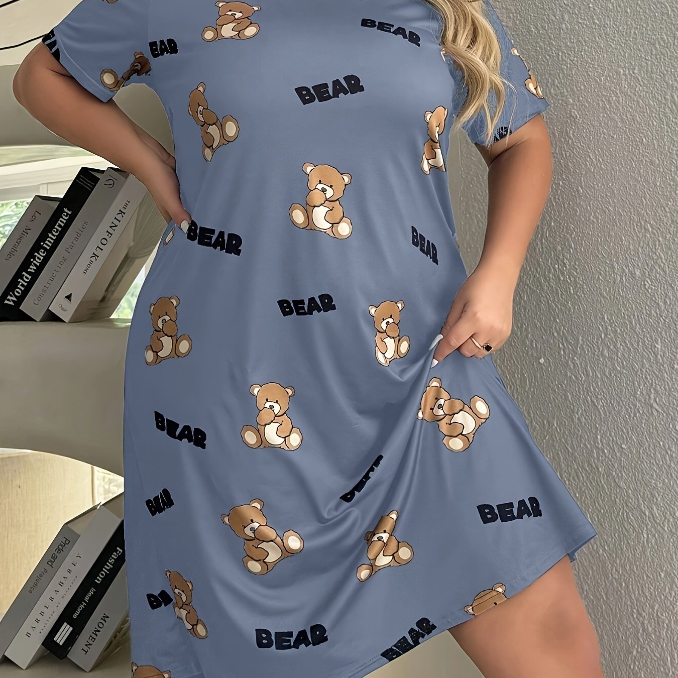 Plus Size Women's Sleep Dress Teddy Bear Letter Print Short Sleeve Nightdress