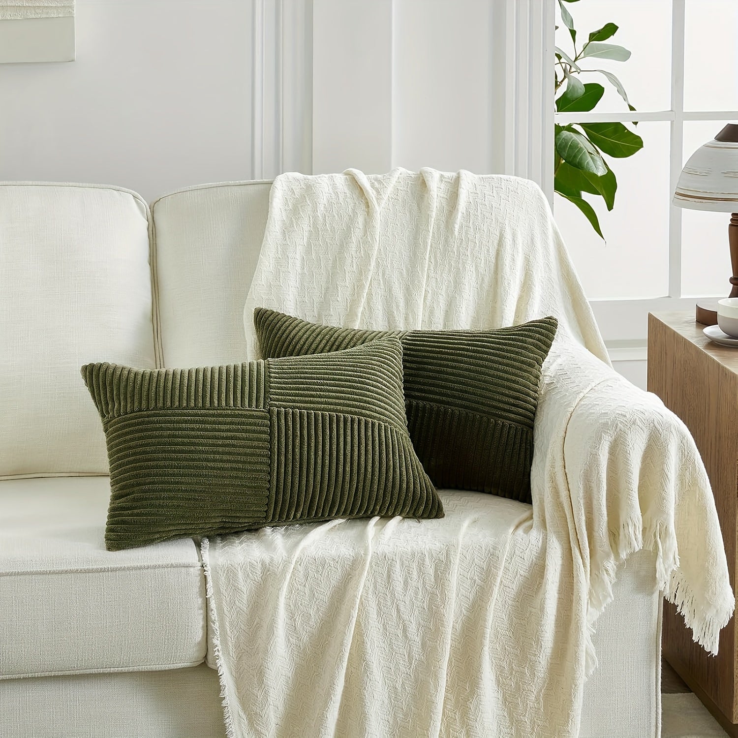 Bohemian Style Corduroy Throw Pillow Covers 2-Pack 45.72x45.72 cm Zippered Polyester Square Cushion Cases for Sofa Bed