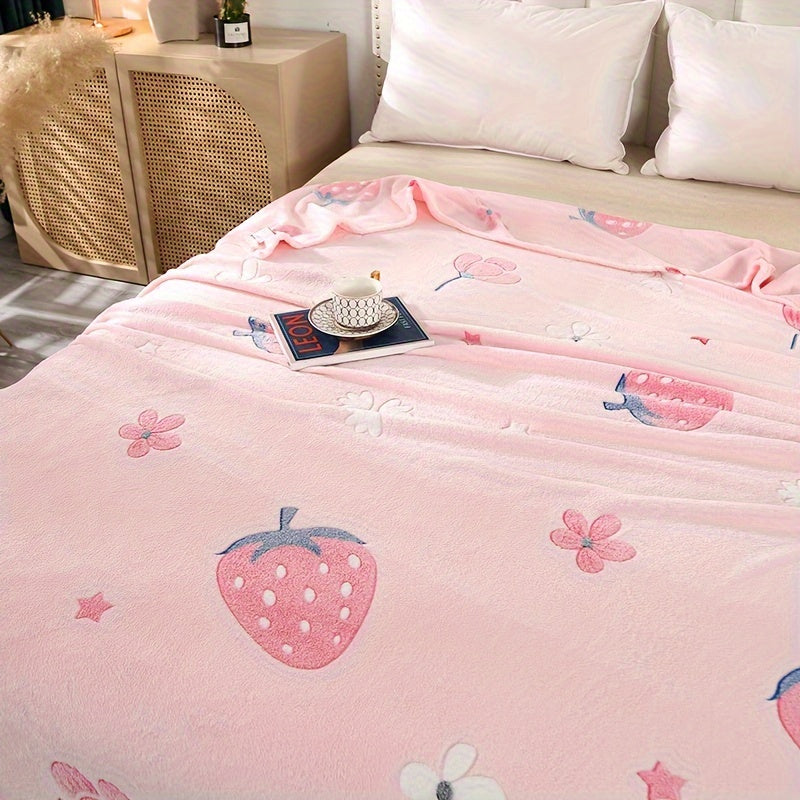 Pink Flannel Blanket with Strawberry Print for Home, Travel, and Camping