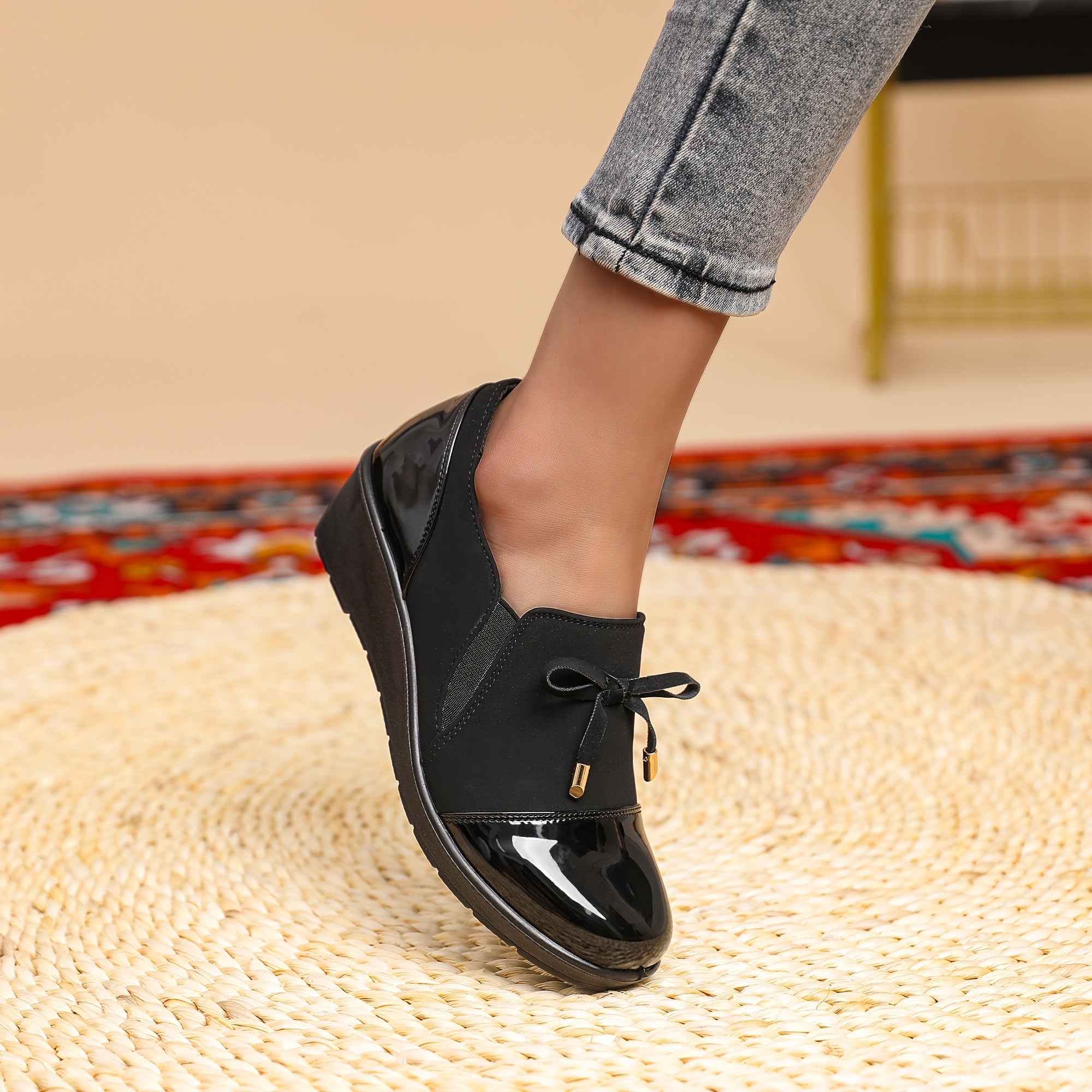 Women's Slip-On Loafers Black Synthetic Casual Shoes All-Season Comfort