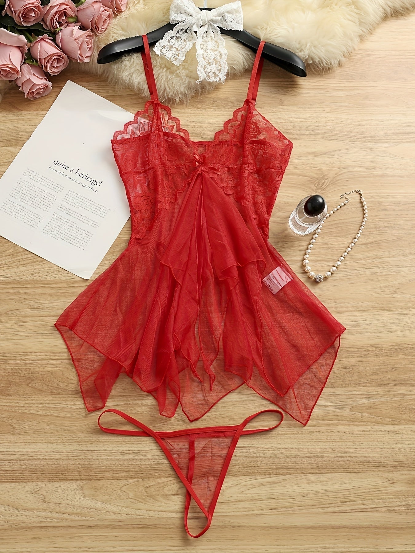 Women’s Sheer Mesh Lingerie Set with Knit Polyester Slip and Tulle Nightdress