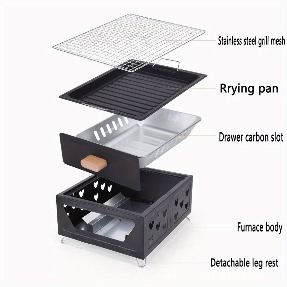 Portativ kvadrat BBQ grill, yopishmaydigan qoplama bilan - Kamping, uy va ochiq havoda pishirish uchun ko‘p maqsadli ko‘mir pechasi. Stainless steel konstruktsiya, choy qaynatish va go‘sht grill qilish uchun ideal.