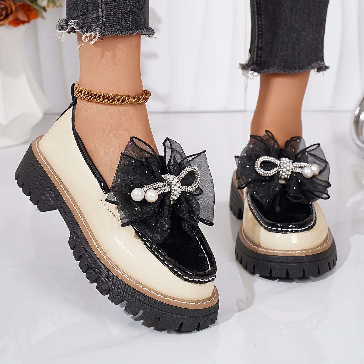Women's Chunky Platform Loafers Slip-On Rhinestone Bow Synthetic Rubber Sole
