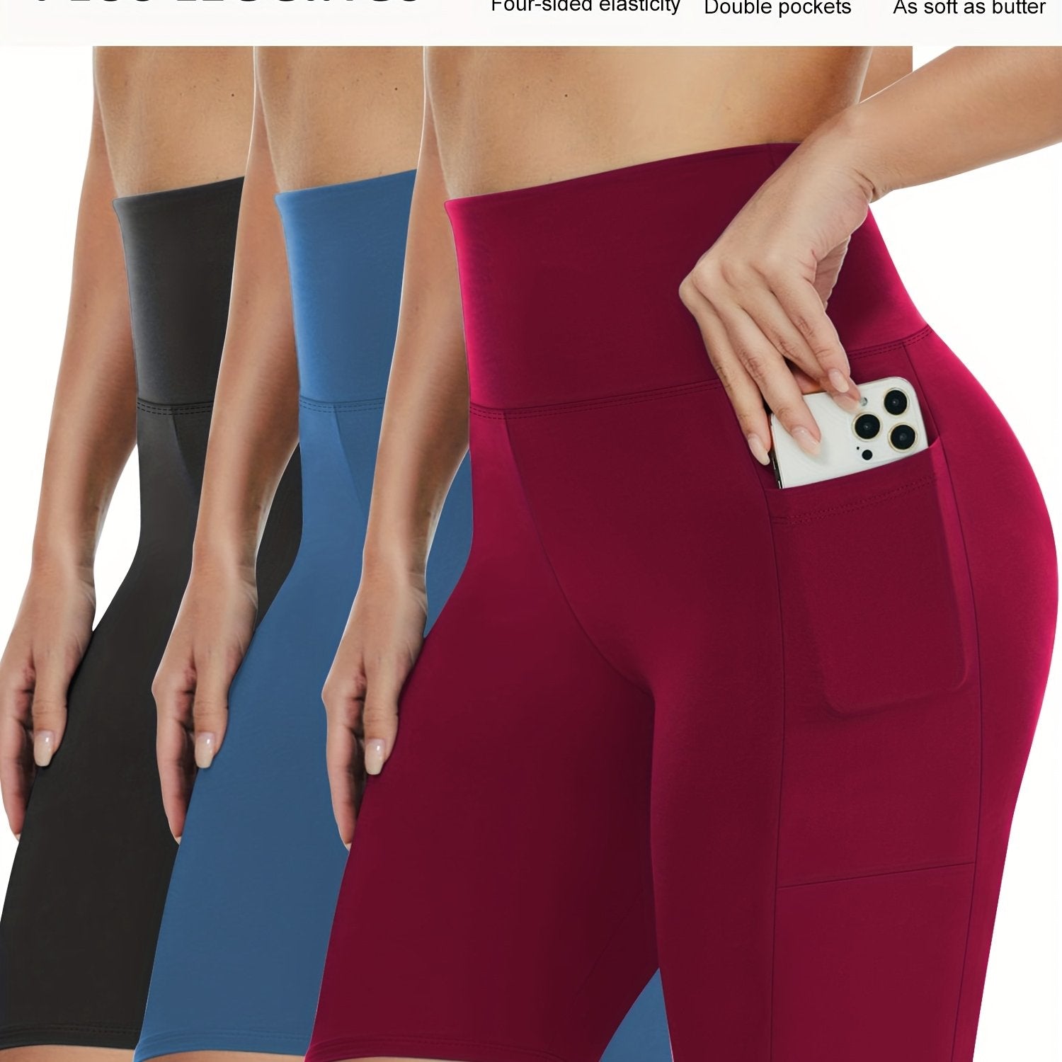 Plus Size Solid Skinny Shorts Casual Stretchy Side Pocket Leggings