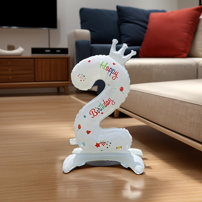 White 32-Inch Crown Number Balloon with Colorful Designs for Birthday Party