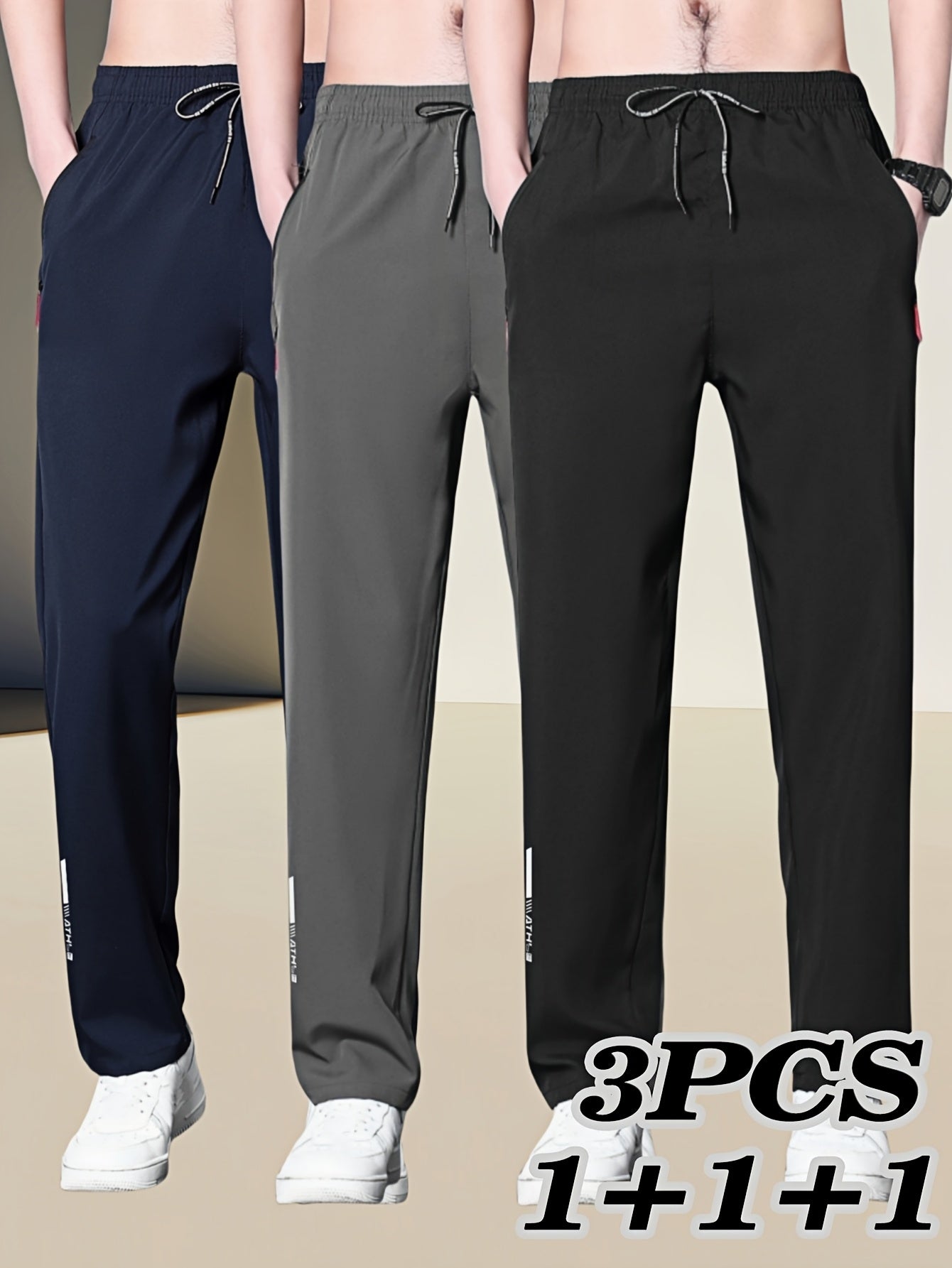 Pantalones casuales de talla grande para hombre, pack de 3, poliéster, primavera-verano, ajuste regular, estampado tejido