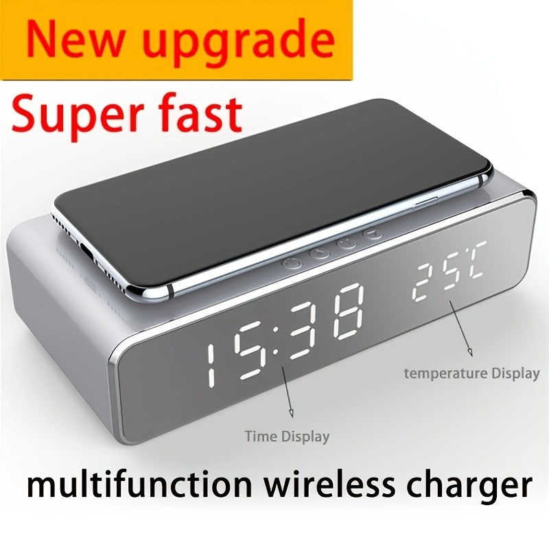 Wireless Charging Station with Alarm Clock Thermometer and Earphone Holder