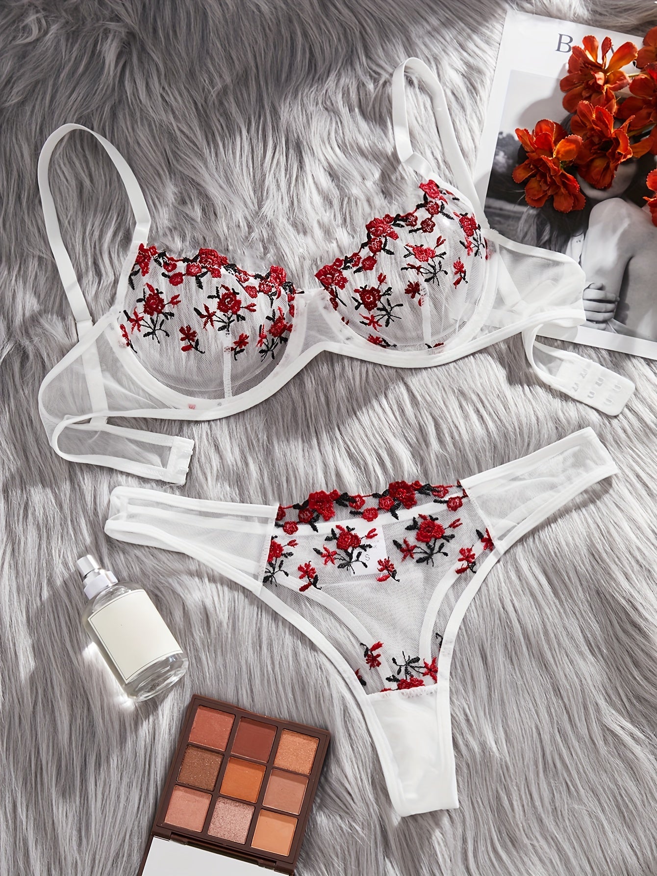 Women's Floral Embroidered Lingerie Set Polyester Knit Mesh Bra Drop Waist Briefs