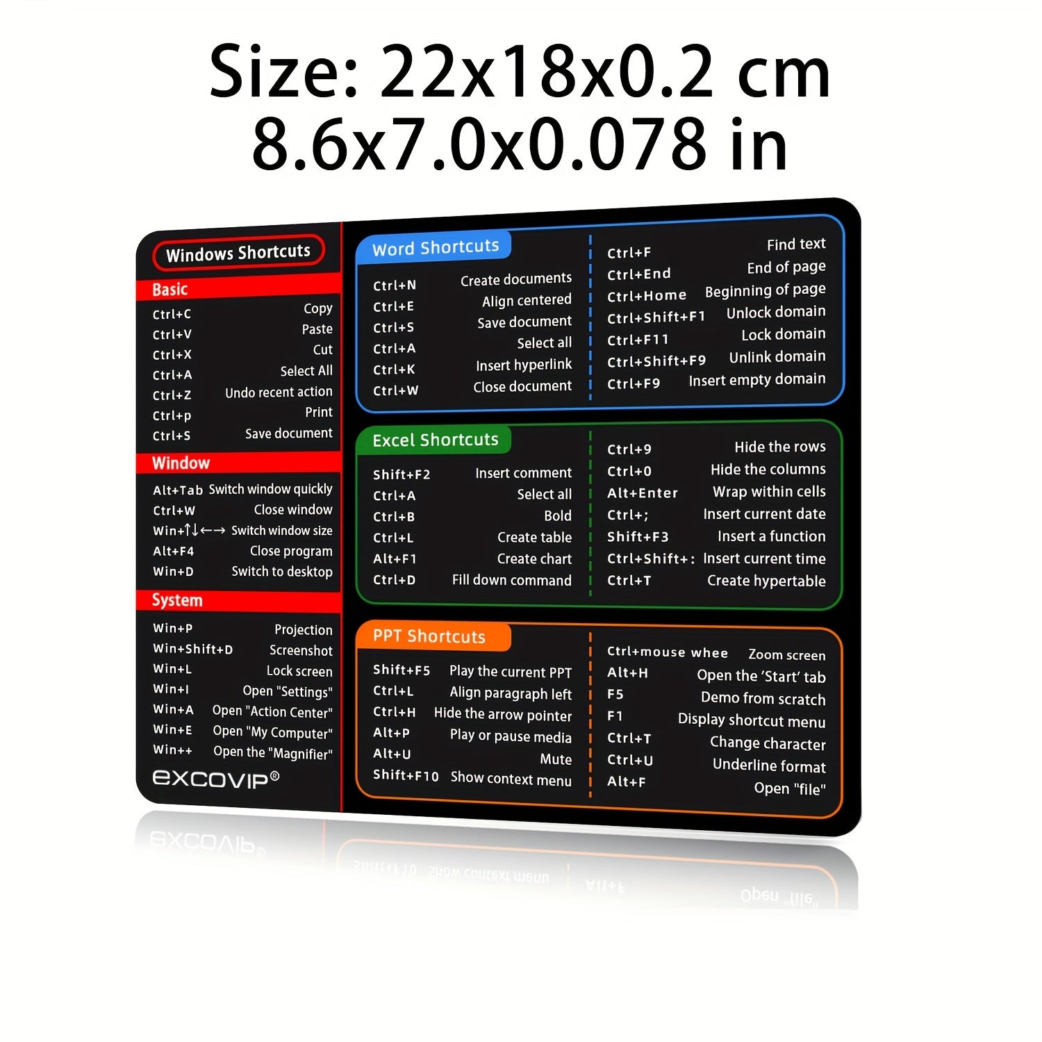 1 dona Katta Stol Pad, Office Word, Excel va PPT uchun Oddiy Windows Qisqa Yo'llari bilan, qisqa yo'l naqshiga ega bo'lgan sirpanmaydigan klaviatura va sichqoncha pad.