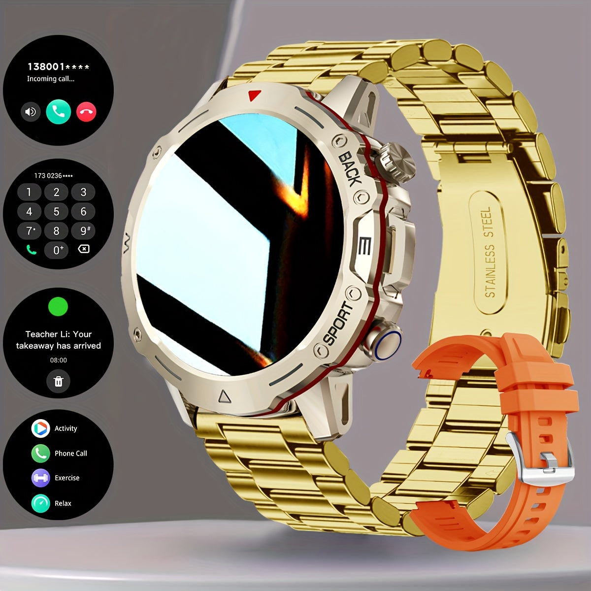 Men's Smartwatch Stainless Steel Band Fitness Tracker with Voice Call and Sports Modes