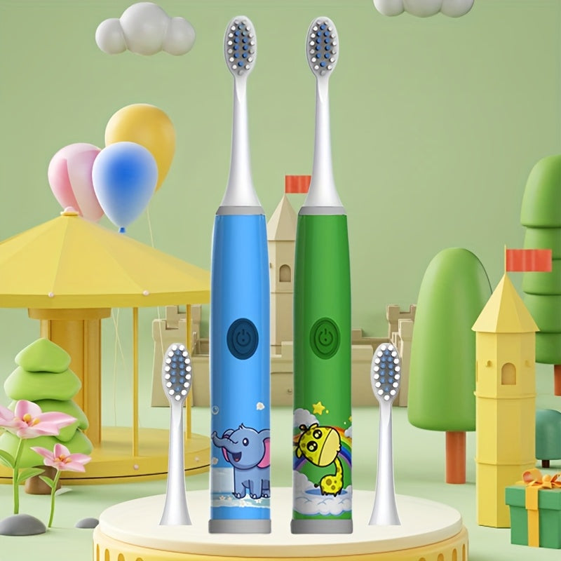 Электрическая зубная щетка для детей с 4 насадками, мягкая щетина, работает на батарейках