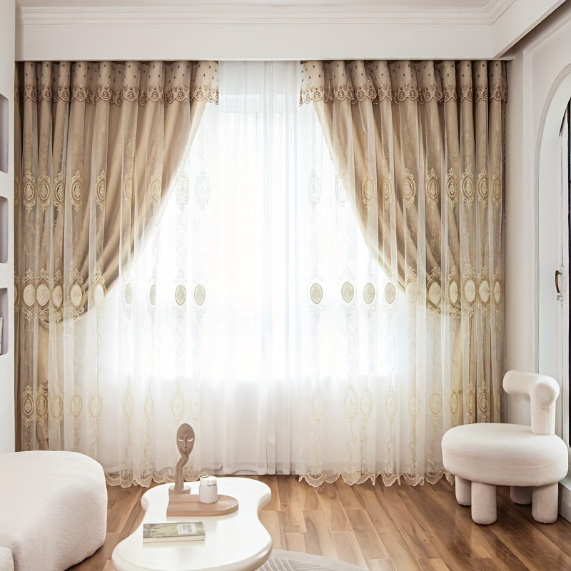 Black Lace Embroidered Double Layer Blackout Tulle Curtain for Windows