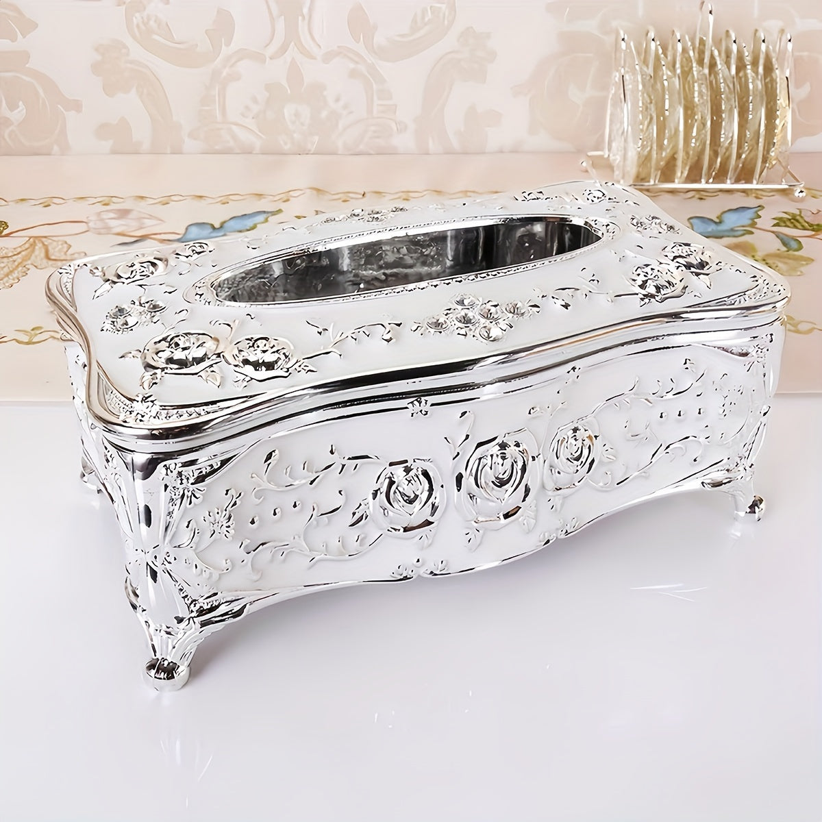 Cajita de pañuelos con patrón de rosas lujoso y soporte de papel chapado en oro