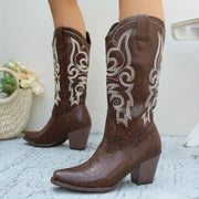 Women Brown Vintage Cowboy Boots with Embroidery Mid-Calf Western Riding