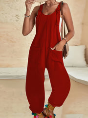 Mono de mujer con textura y nudo con bolsillos, sin mangas, casual, poliéster