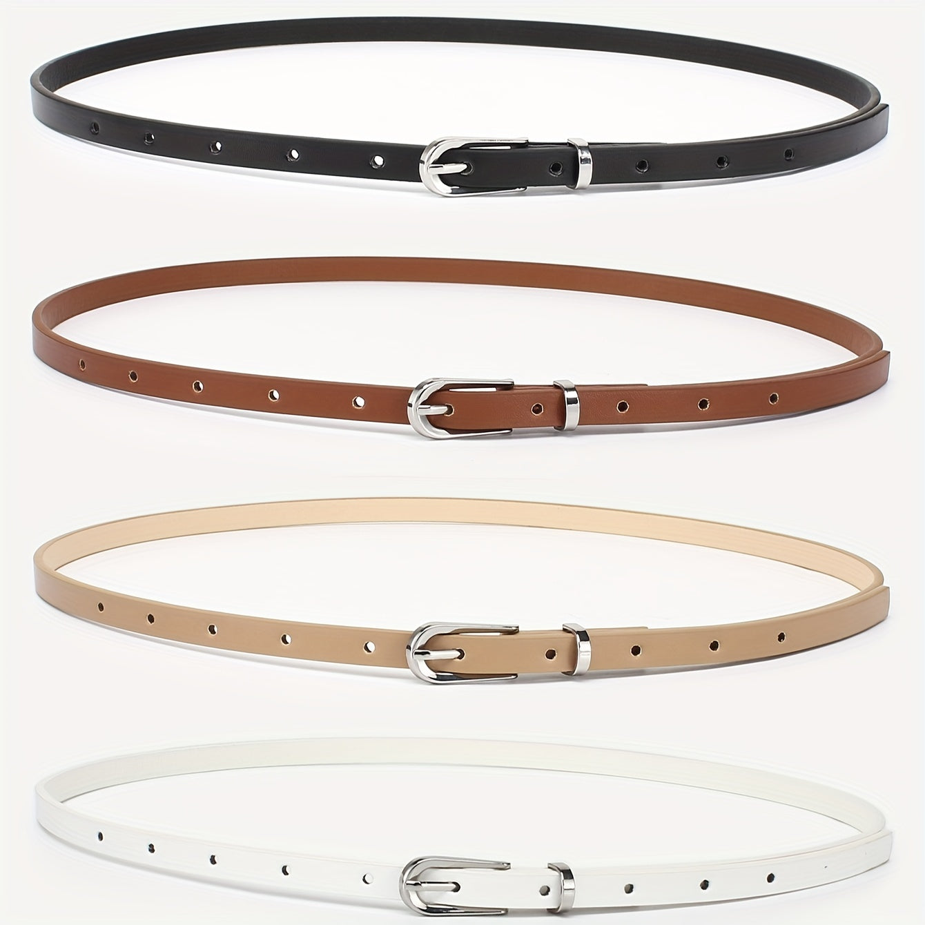 Kundalik kiyim uchun to'rt nafar ayollar uchun PU kamar to'plami, yupqa pin buckli bilan, bir nechta ranglarda