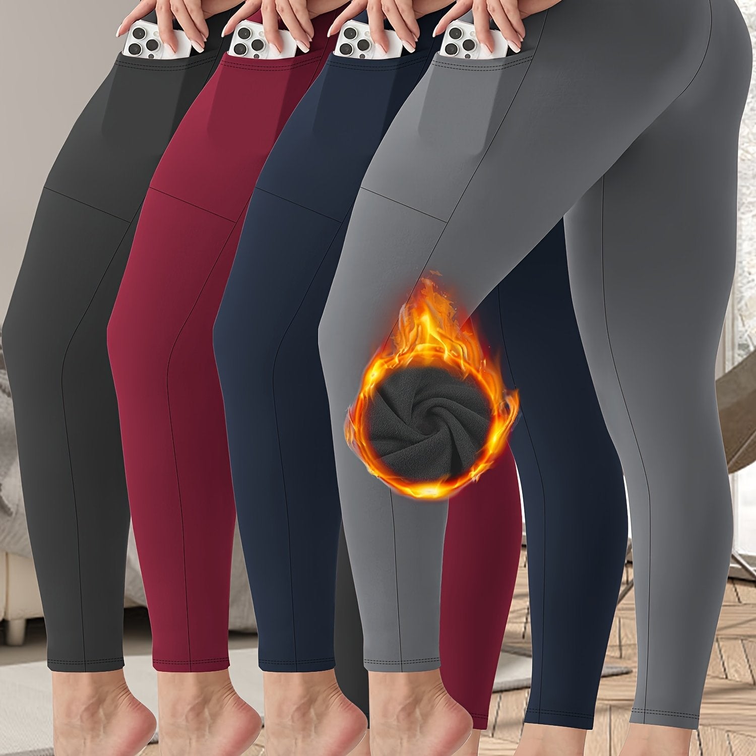 Leggings de cintura alta con forro de felpa y bolsillos para otoño/invierno