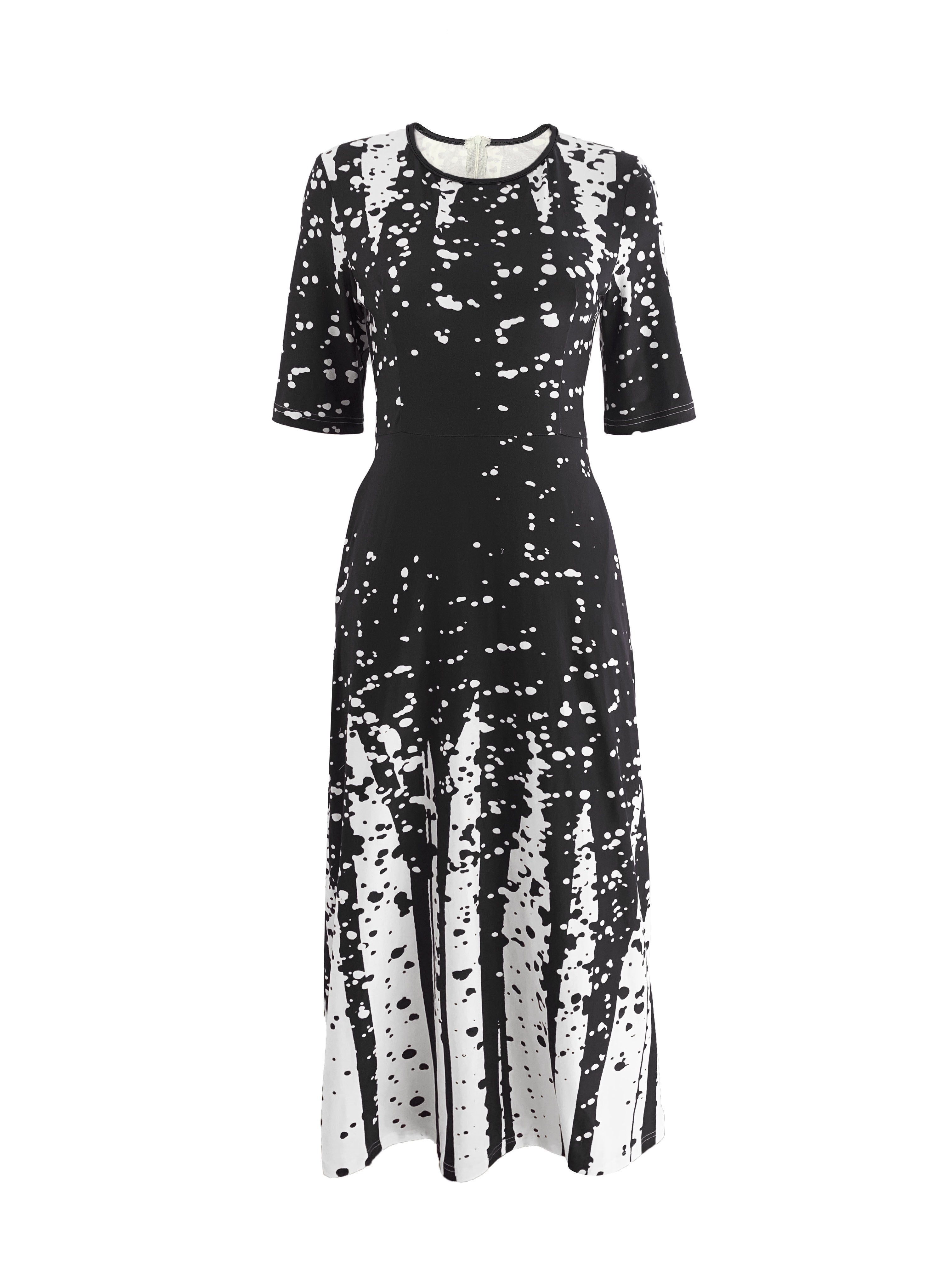 Women's Black and White Polka Dot Maxi Dress with Round Neck Long Sleeves A-Line Polyester Blend