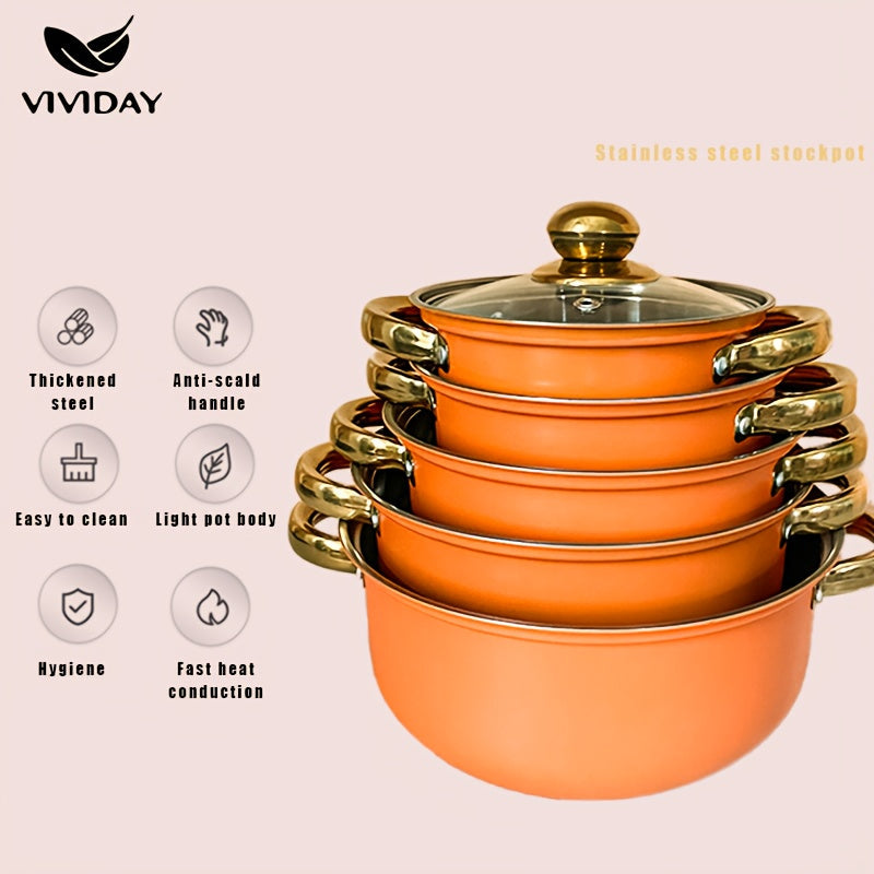 Stainless Steel Induction Cookware Set 10 Pieces with Glass Lids, Nonstick, Suitable for All Stovetops