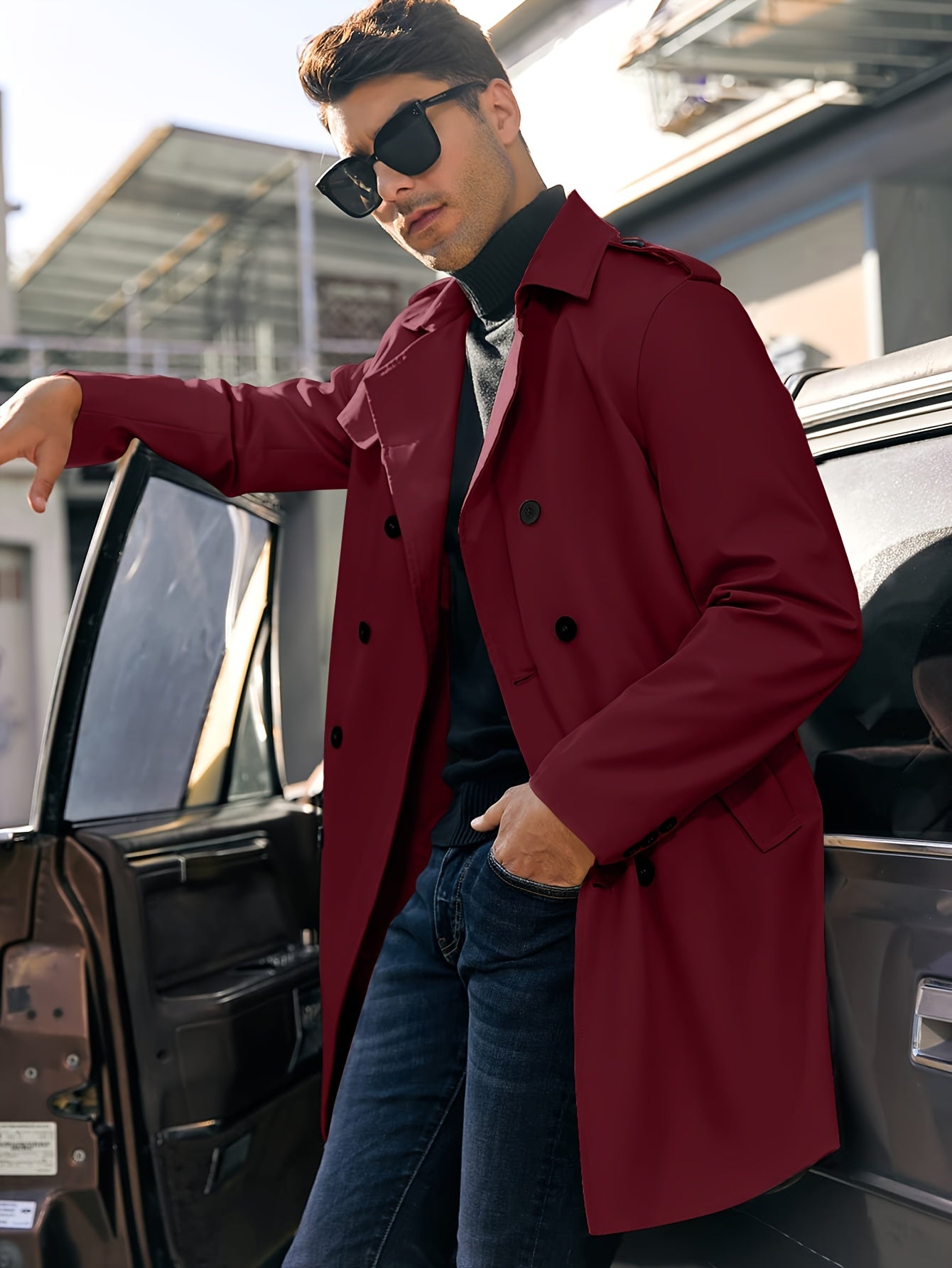 Erkaklar uchun Plus o'lchamli trenc coat, kundalik, bir rangli, kuz bahor, ikki tomonlama yengli, yelkanli