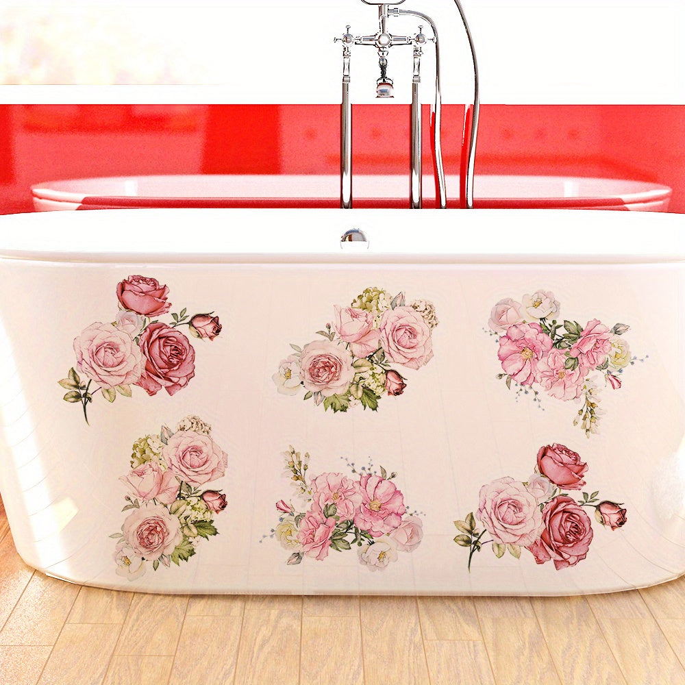 Pink Flower Bathtub Decals Non-Slip Bathroom Decor Set of 6