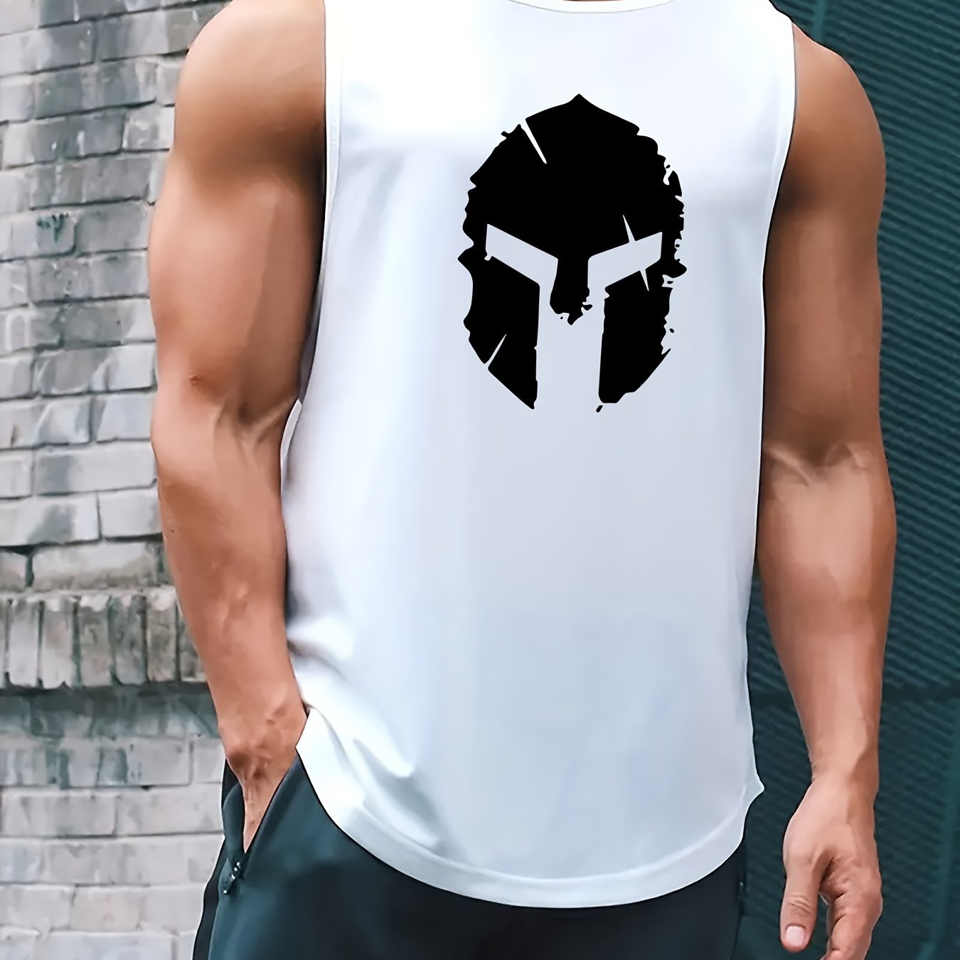 Men's Summer Polyester Tank Top with Helmet Print and Crew Neck for Outdoor Workouts