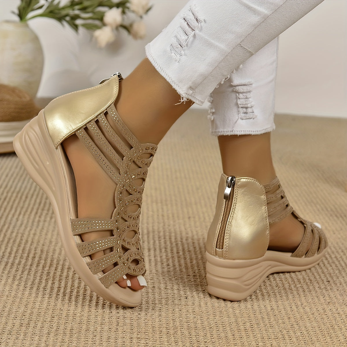 Women's Black Rhinestone Wedge Sandals with Peep Toe Ankle Strap Platform Heel