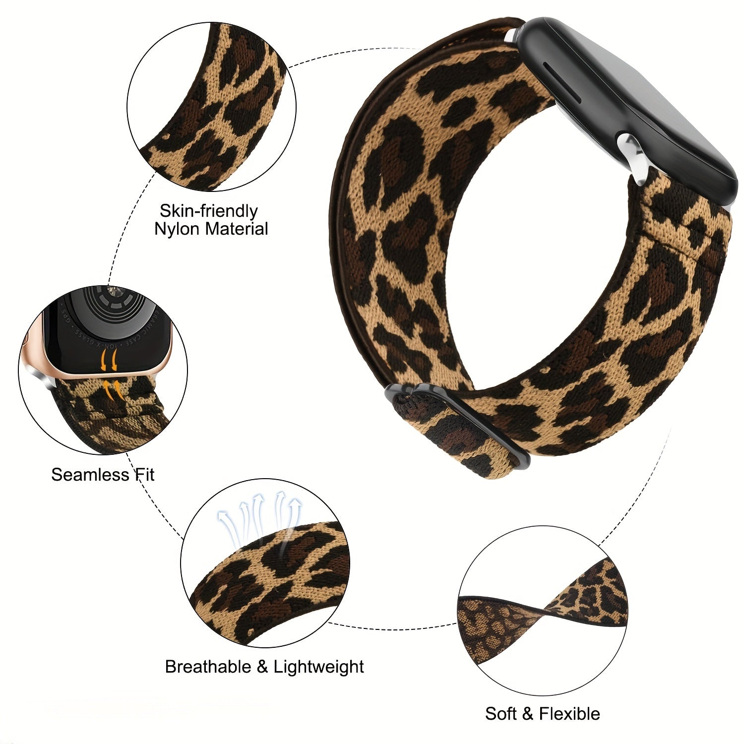 Nylon Braided Leopard Print Watch Band for Apple Watch Adjustable Size No Battery