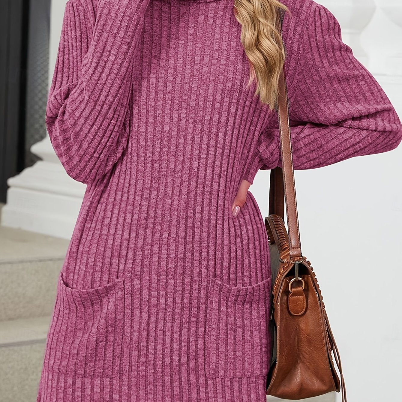 Plus Size Long Sleeve Top with Pockets Polyester Knit Solid Color