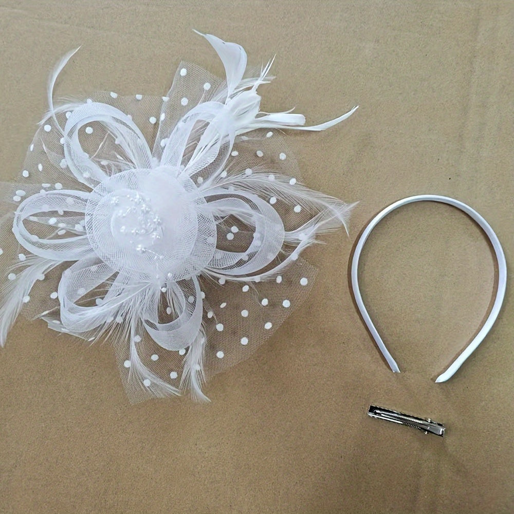 Flower Shaped Mesh Headband with Faux Feathers for Parties Proms Weddings
