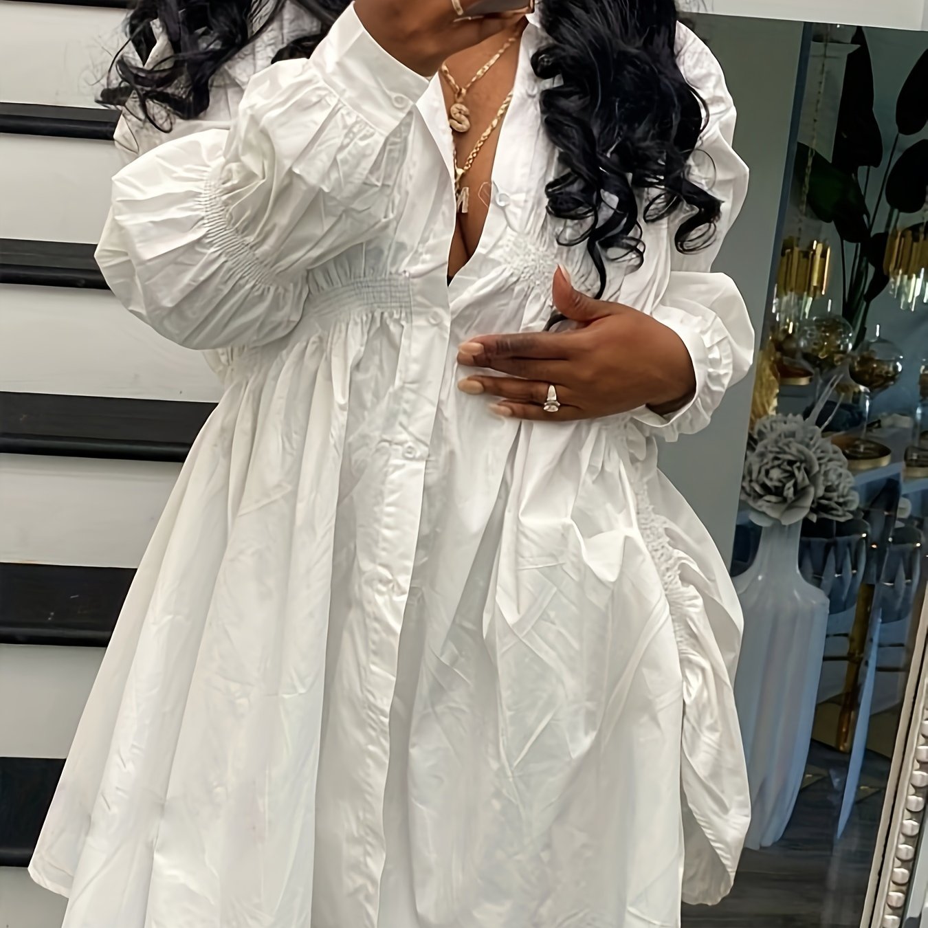 Plus Size Women's Casual Semi-Sheer Shirt Dress with Ruffled Sleeves