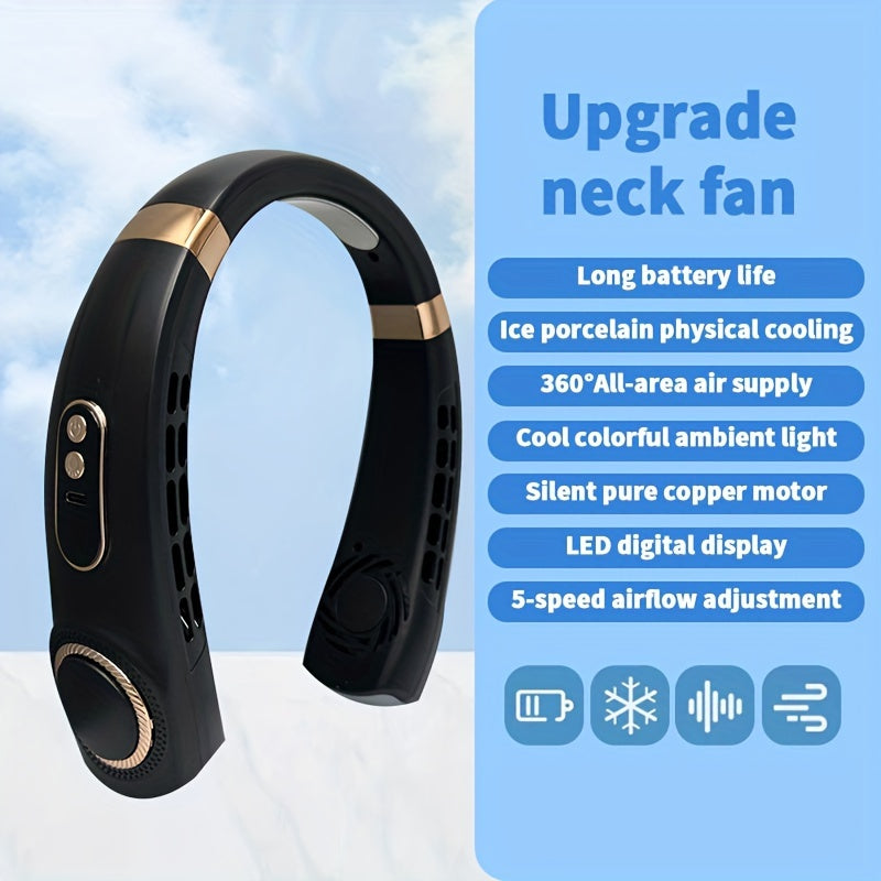 Noiseless Portable Neck Fan with LED Lights, 5-Speed Cooling, Rechargeable