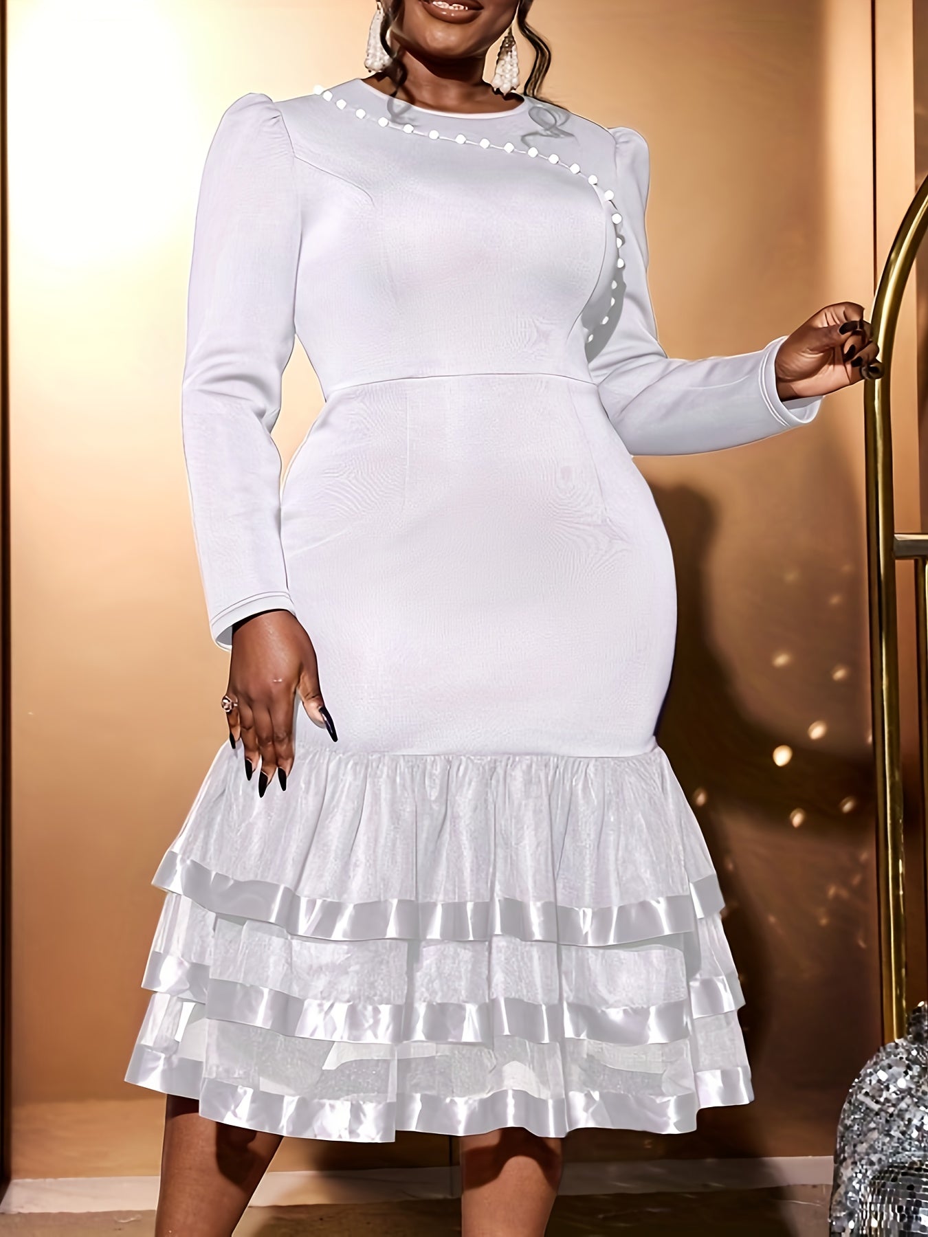 Women's Beaded Long Sleeve Mermaid Evening Dress Slim Fit Party Gown