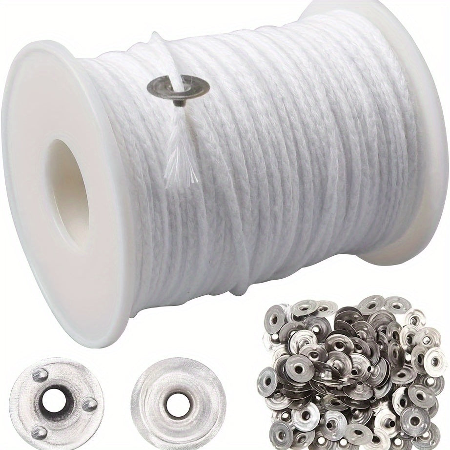 60.96 Meter Cotton Braided Candle Wicks with Core Spool and Metal Sustainer Tabs for DIY Candle Making