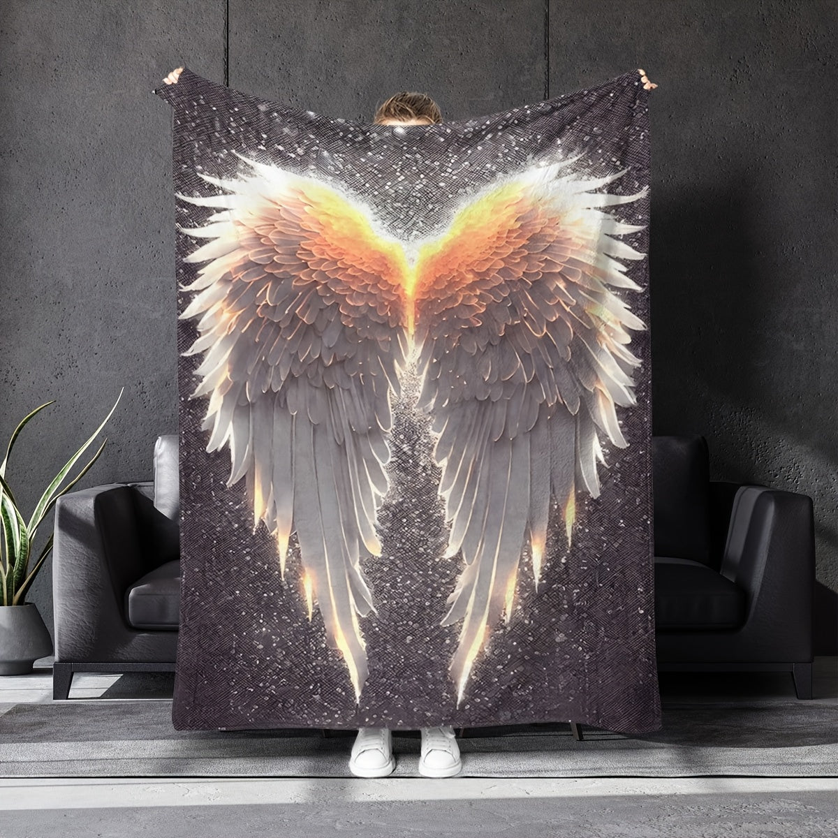 Glowing Wings Print Flannel Blanket Soft Cozy Polyester Throw for Sofa Bed Travel