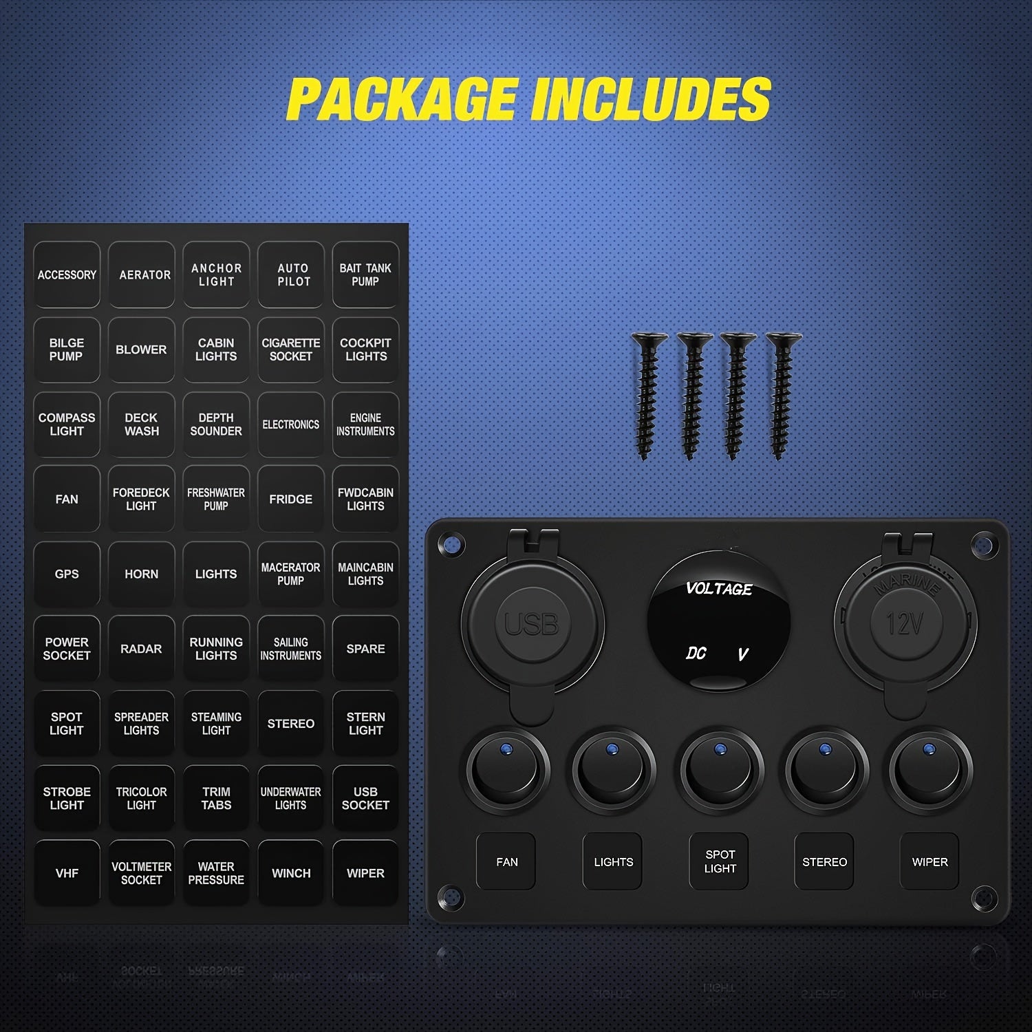 Multi-Function 5 Gang Rocker Switch Panel with USB Charger Volt and Fuse